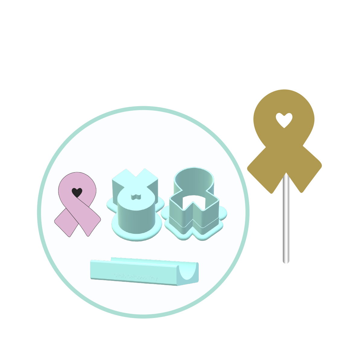 Cancer Ribbon Cake Pop Mold with Heart Embosser | Deluxe Cutter, Popper, and Tray Option