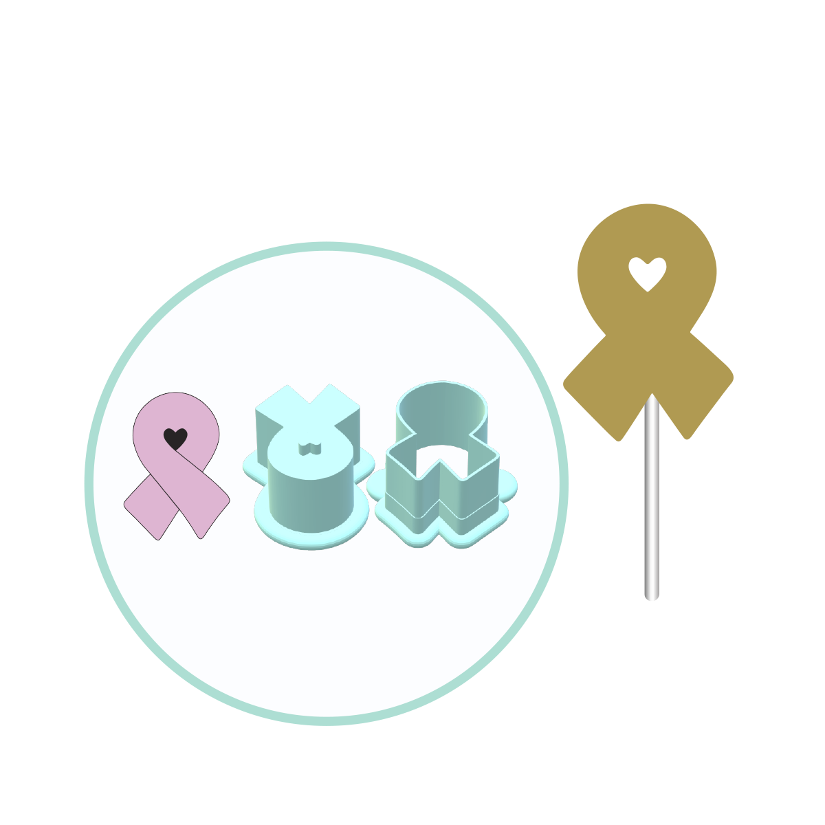Cancer Ribbon Cake Pop Mold with Heart Embosser | Deluxe Cutter, Popper, and Tray Option