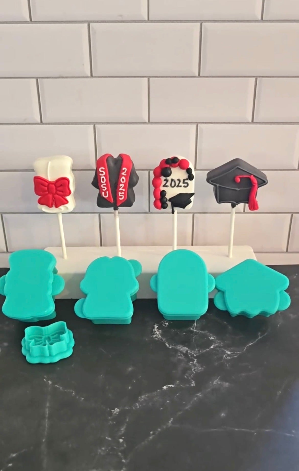 Graduation Diploma with Bow Fondant Embosser Stamp Cake Pop Mold Set | Deluxe Cutter, Popper, and Bow Fondant Embosser stamp