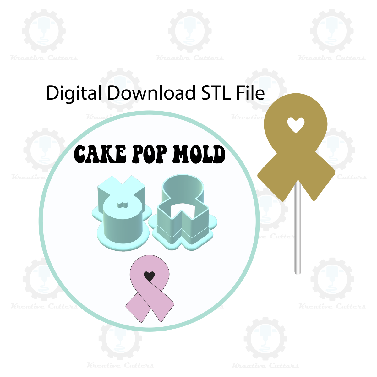 Cancer Ribbon Cake Pop Mold with Heart Embosser | Digital Download STL File