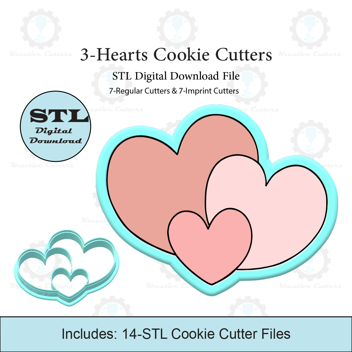 3-Hearts Cookie Cutters | Standard & Imprint Cutters Included | STL Files